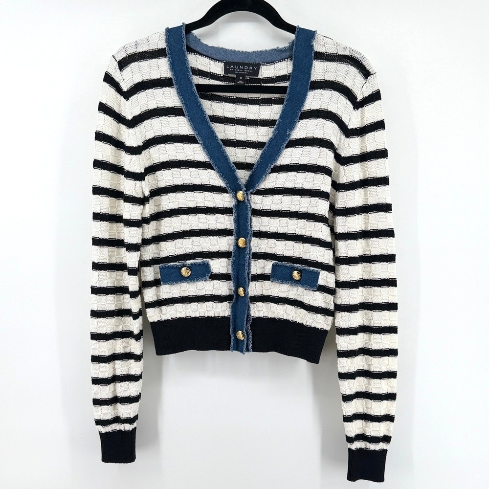 Laundry By Shelli Segal Cardigan Denim Trim M White Black Women Striped Sweater
